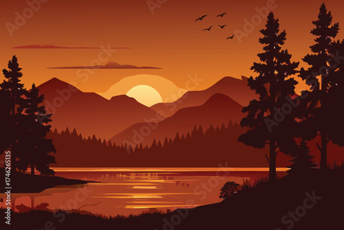 Serene sunset landscape with mountains trees and a reflective lake