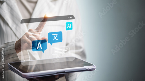 Businesswoman Tapping AI Language Translator on Tablet with Multilingual Chat Bubbles