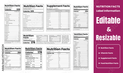 nutrition facts label, supplement facts, vitamin facts, nutrition fact vector illustration for information label.