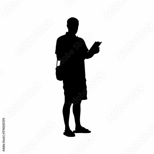 Silhouette of an architect documenting construction progress photos for client isolated on white background