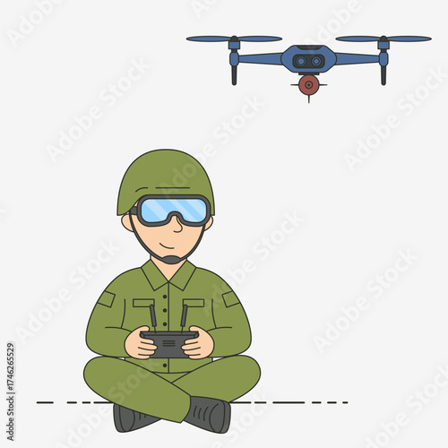 Soldier Operating FPV Drone with Remote Control Vector Illustration
