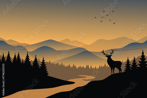 Silhouette of a majestic stag overlooking a scenic mountain landscape at dusk