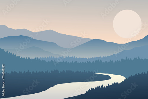 Serene landscape with mountains a winding river and a bright full moon