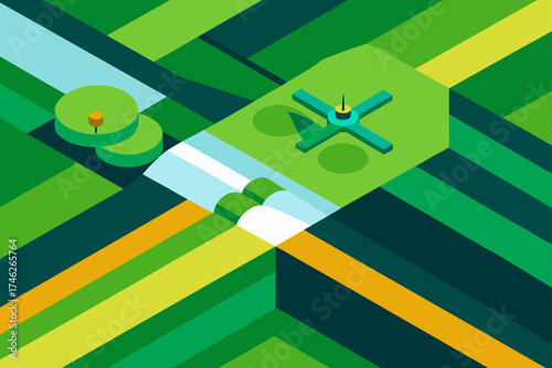 Aerial Green Farmland Pattern from Drone View Illustration