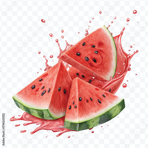 fresh watermelon slices  fruit with  Juice splash in different style isolated on transparent background
