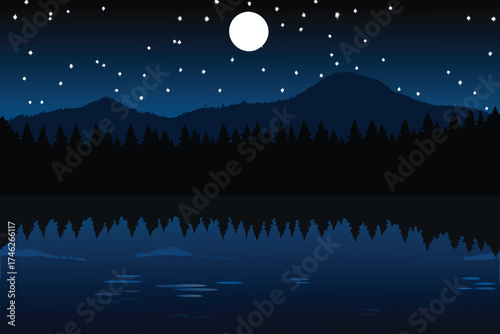 Night landscape featuring a full moon silhouetted mountains and dark trees