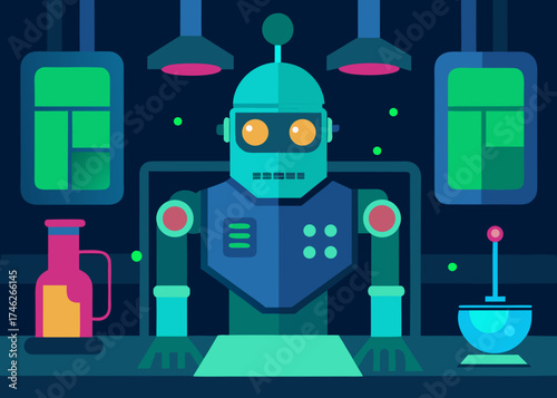 Futuristic Robot Lab Background with Glowing Light Illustration