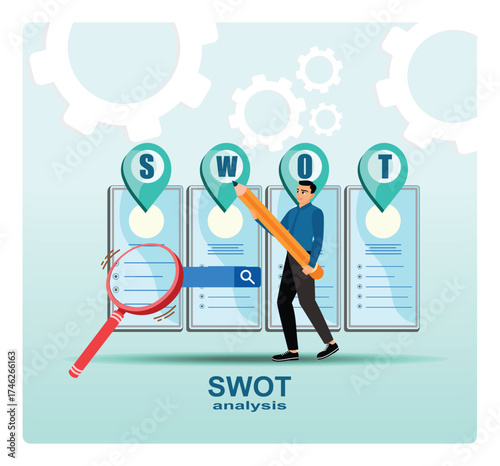 SWOT Analysis Concept With Team Member, Pin Markers, Magnifier, And Gears In Modern Office.