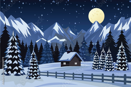 Winter landscape with snow covered mountains cabin and bright full moon