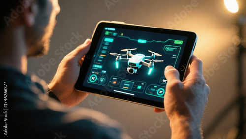 Drone control dashboard digital tablet remote pilot modern interface flight settings neon glow tech handheld indoor focus