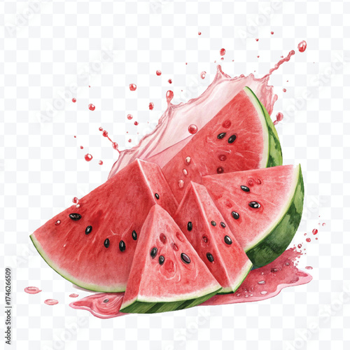 fresh watermelon slices  fruit with  Juice splash in different style isolated on transparent background