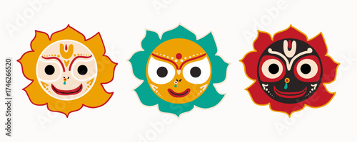 Lord Jagannath, Balabhadra and Subhadra in Ratha Yatra Chariot Festival of India in vector flat hand drawn style isolate on white .