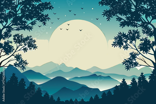 Serene landscape with silhouetted trees mountains and a glowing full moon