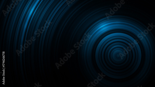 Pattern of dark blue concentric radial circles on black background. Abstract high resolution full frame dark and modern background with copy space.