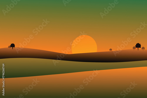 Simple sunset landscape with rolling hills and silhouetted trees
