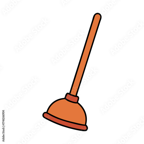 Orange plunger for cleaning drains with long handle on white background  