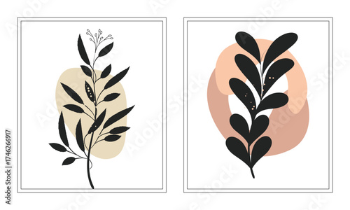 Boho Style Botanical Leafy Leaves Flowers Framed Gallery Doodle Wall Art for Bedroom Living Room Office Decor
