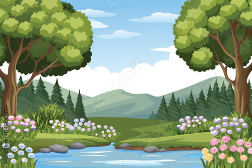 A peaceful landscape with trees a stream and distant mountains