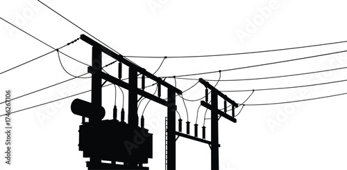 Black silhouette of electric power distribution transformer station with cables, poles, and insulators, industrial energy system vector illustration design