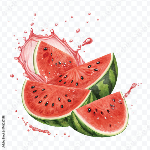 fresh watermelon slices  fruit with  Juice splash in different style isolated on transparent background