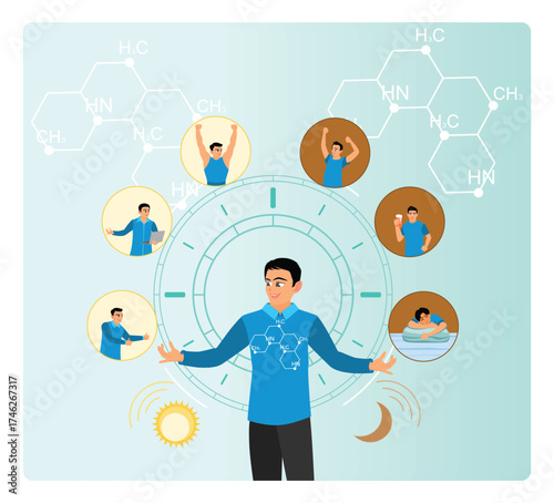 Healthy life balance cycle utter concept. A man stands in the middle of a health watch.