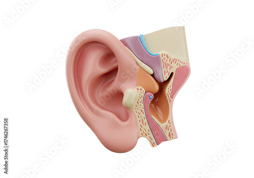 Anatomical model of the human ear showing a detailed cross-section of the inner, middle, and outer structures, isolated on a white background