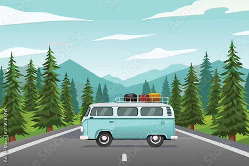 A light blue vintage camper van driving on a mountain road