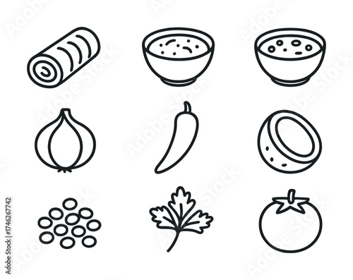 Vector Minimalist icons of common food ingredients including onion, pepper, coconut, and tomato