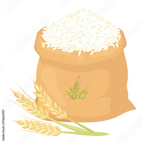 A bag of white rice with wheat stalks a simple food illustration