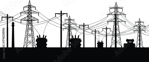 Black silhouette of electric power grid with transformers, high voltage towers, transmission lines, and substation industrial energy infrastructure illustration