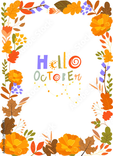 Autumn Leaves Border Frame With Space Text. Seasonal Flower, Maple Oak Tree Orange Leaves With Gourds for Holiday, Harvest Decoration. Vector Illustration