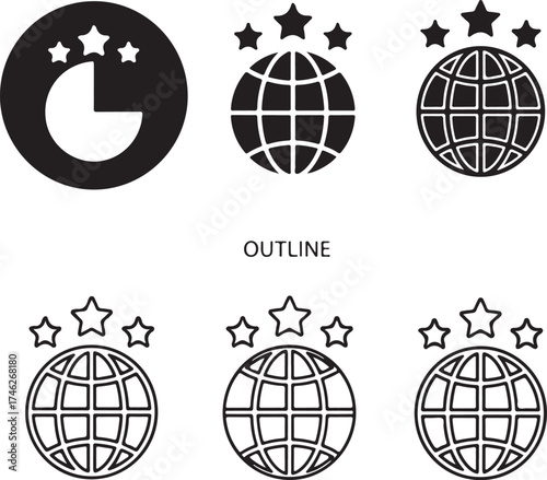 Black globe and star icons set perfect for design on transparent background silhouette
