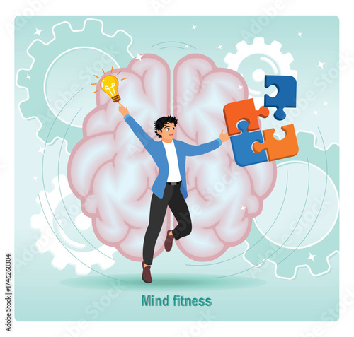 Mind fitness concept. Smiling man holding jigsaw puzzle.