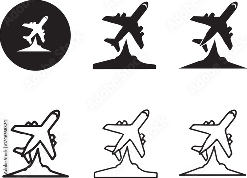 Collection of airplane icons with varying styles on transparent background silhouette