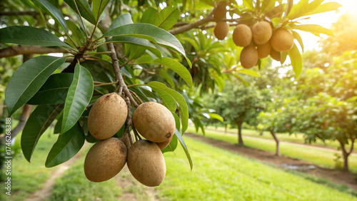 Fototapeta Naklejka Na Ścianę i Meble -  Sapodilla fruits hanging on the tree in the garden, also known as chikoo, sapote, or naseberry, with green leaves and sunlight