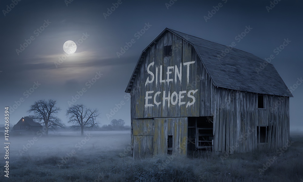 Obraz premium A haunted barn emerges from the mist on a spooky Halloween night, illuminated by the light of a full moon