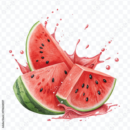 fresh watermelon slices  fruit with  Juice splash in different style isolated on transparent background