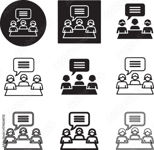 Group discussion icons with varying participant counts on transparent background silhouette