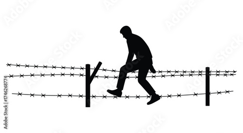 Silhouette of a man determinedly climbing over a barbed wire fence in a stark outdoor scene symbolizing overcoming obstacles and challenges