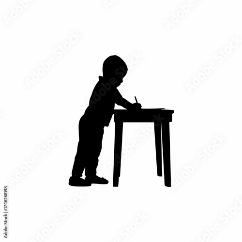 Silhouette of a child doing homework at a desk at night isolated on white background