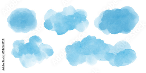 Blue watercolor abstract background, form, design element. Abstract clouds, sea, water, snow, snowdrifts textures. Frame, place for text. Soft blue gradient. Grainy noisy texture