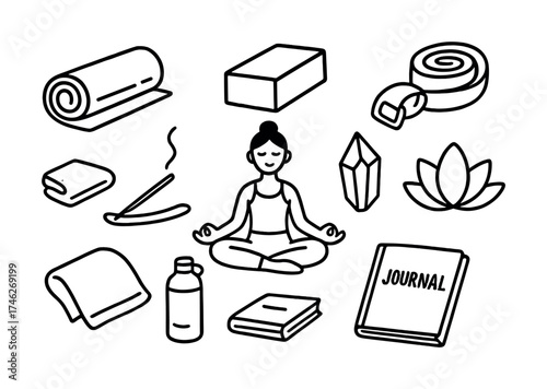 Vector Minimalist yoga set with female meditation pose and essential accessories
