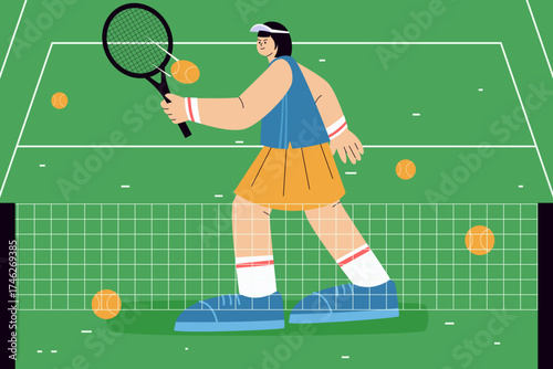 Tennis player navigates near the net, managing balls and steady racket work.
