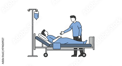 Caring visitor comforts patient in hospital bed receiving iv drip treatment for recovery and hope