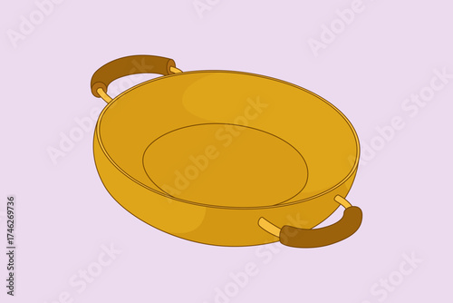 Golden round pan with dual handles in a clean minimal kitchen style.