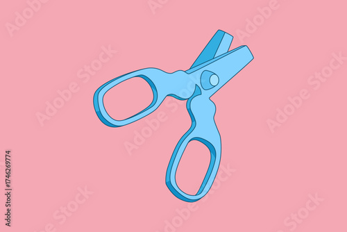 Simple blue scissors with ergonomic handles on a soft pink background.