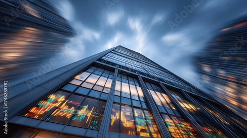 Striking low-angle of a modern skyscraper with financial graph reflections, set against a motion-blurred sky, symbolizing global business and technology.
