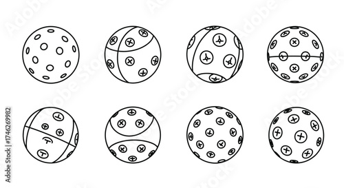 Vector art of collection of floorball ball silhouettes, showcasing various designs and patterns for the sport equipment