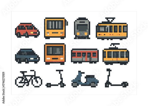 Vector Pixel art vehicles: car, bus, train, bike, scooter, and scooter icon set