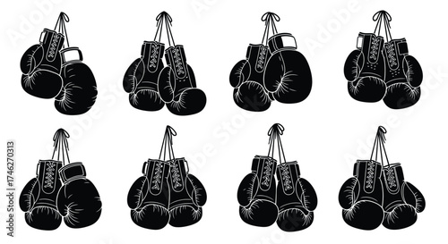 Vector art of a set of hanging boxing gloves, showcasing the equipment used in combat sports and fitness training